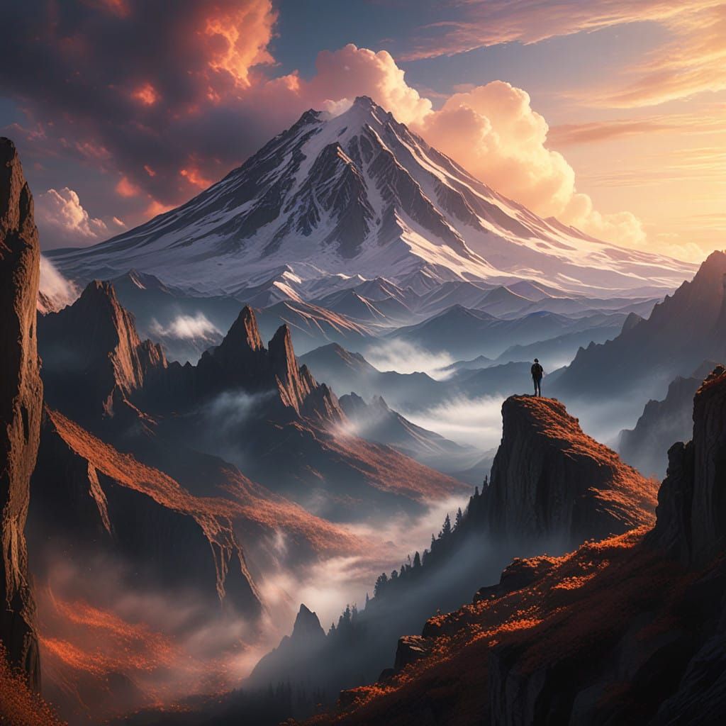 Ethereal Figure Stands Before Smoldering Olympus