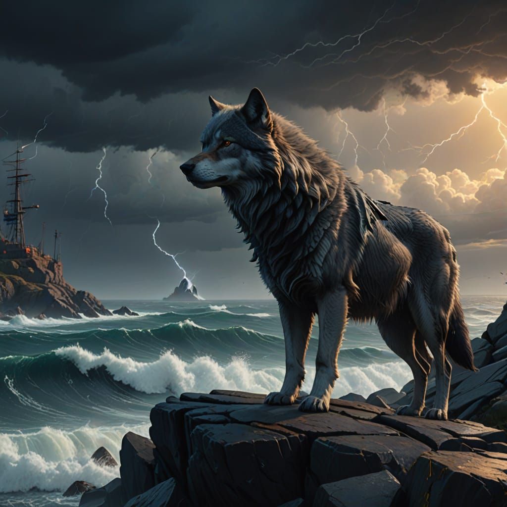 Majestic Wolf Surveys Turbulent Ocean in Cyberpunk Storm