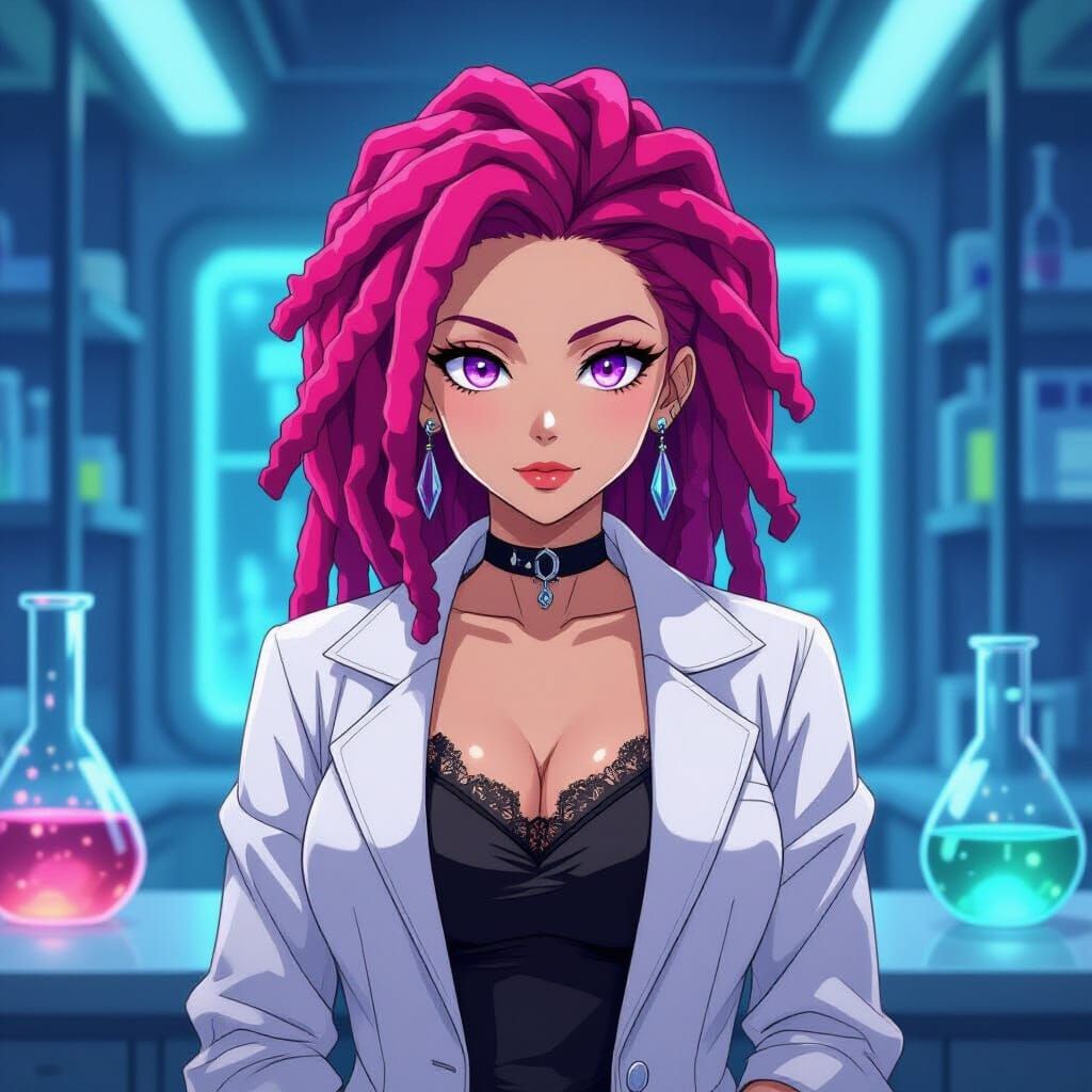 Stylish Anime Scientist in Futuristic Lab