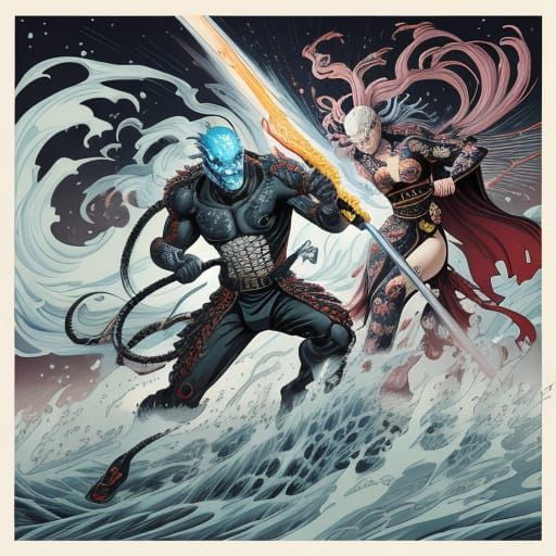 A ghost rider in futuristic surreal ukiyo-e style paint.. an...