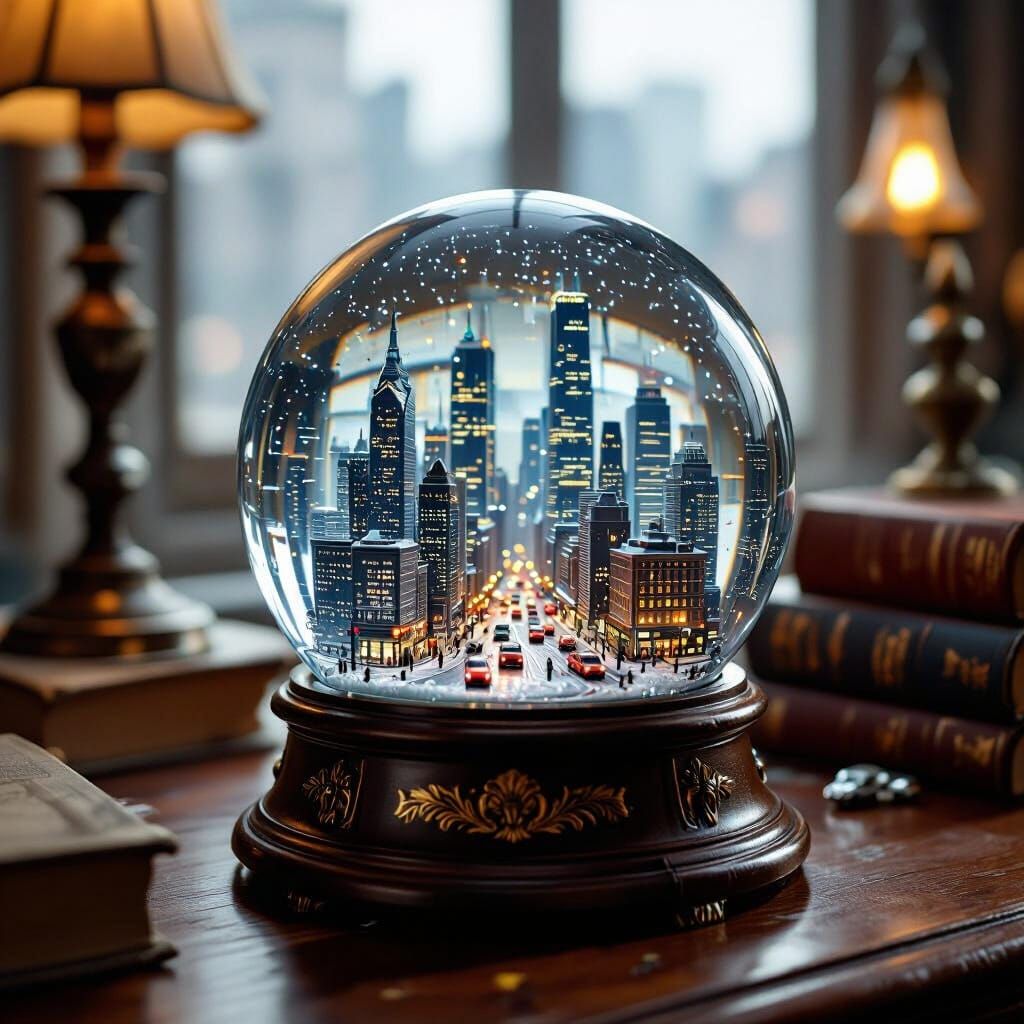 Miniature City in Snow Globe, Cinematic Style