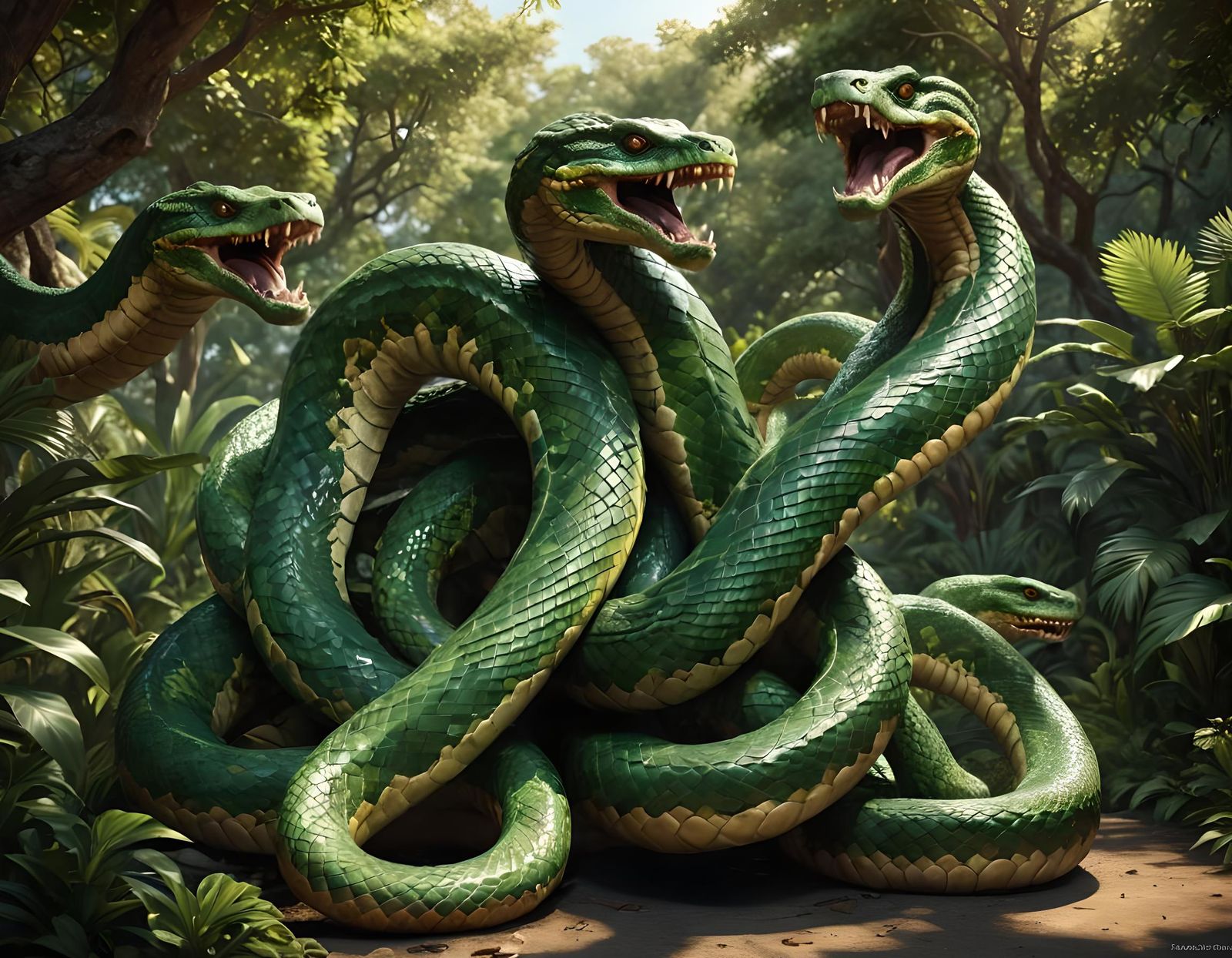 Five-Headed Hydra in Jungle, Digital Painting