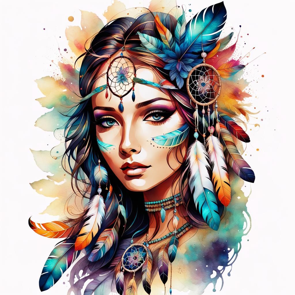Dreamy Indian Portrait in Watercolor and Ink