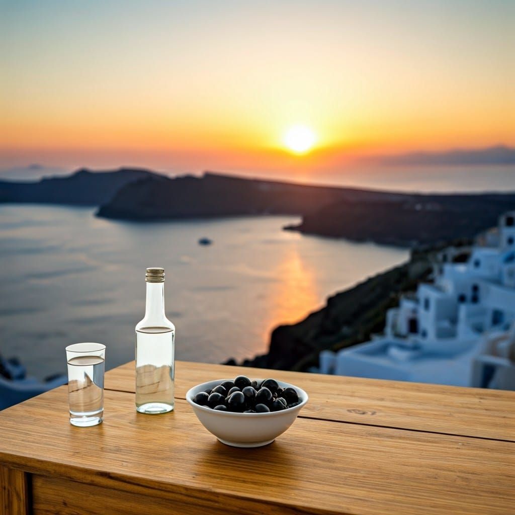 Idyllic Greek Island Sunrise with Ouzo and Olives