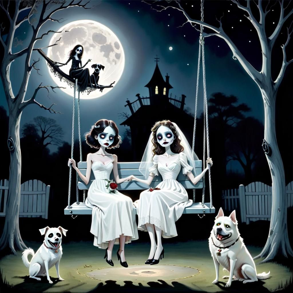 Whimsical Bride and Psychiatrist in Burtonesque Scene