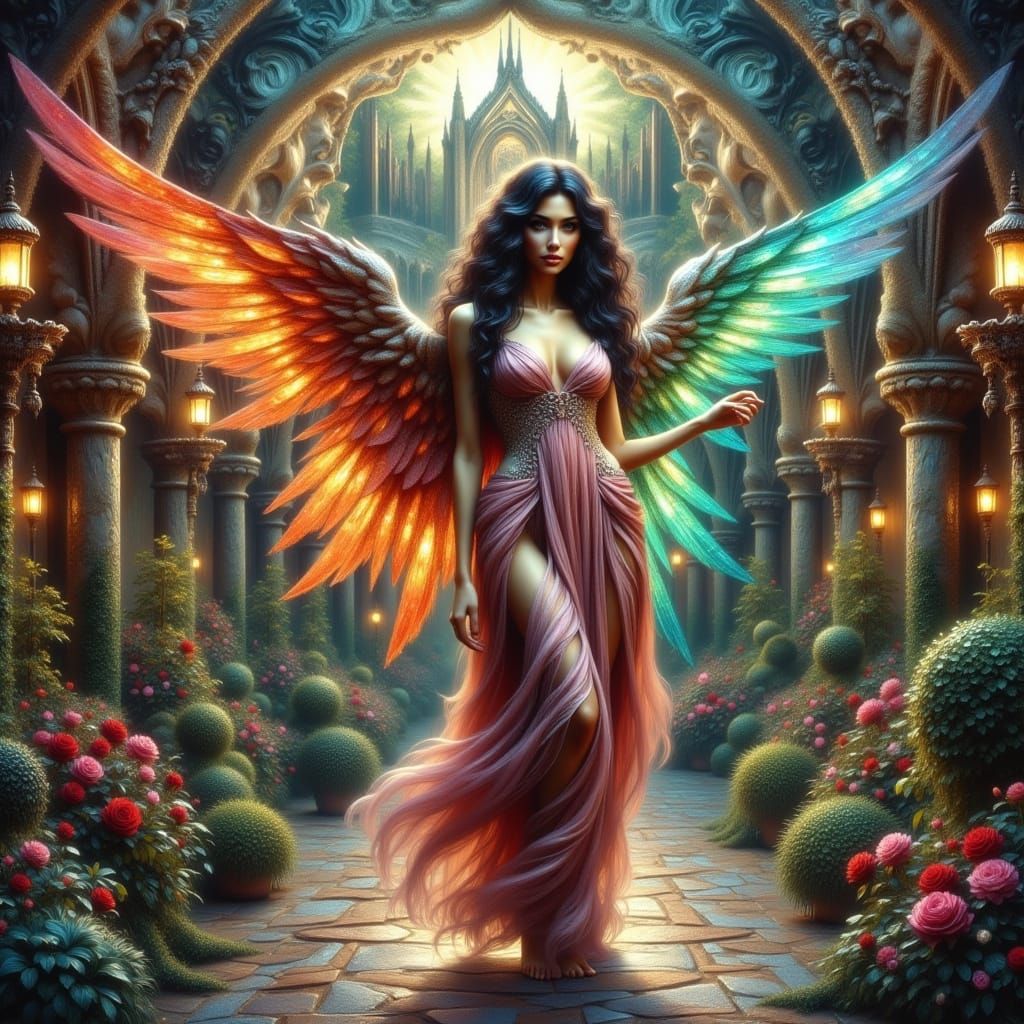 Grimdark Fantasy Angel in Vibrant Gaudi Palace