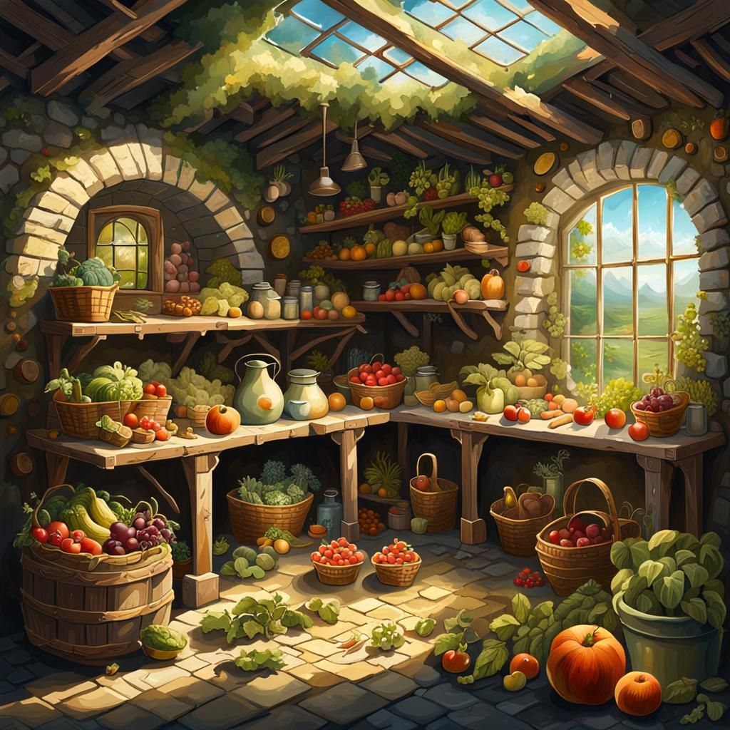 Magical Rustic Pantry in Ruins: Oil Painting