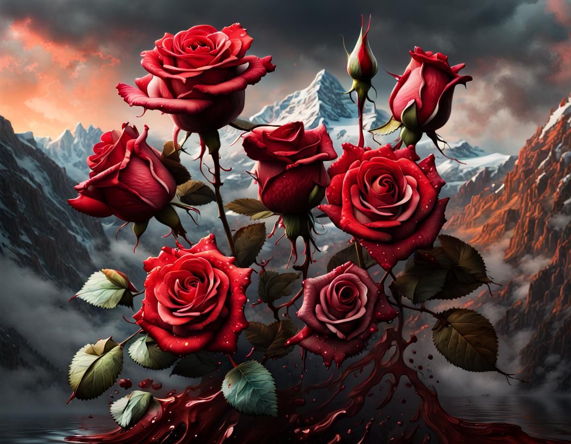 Photorealistic Roses and Mountain Landscape in Splash Art