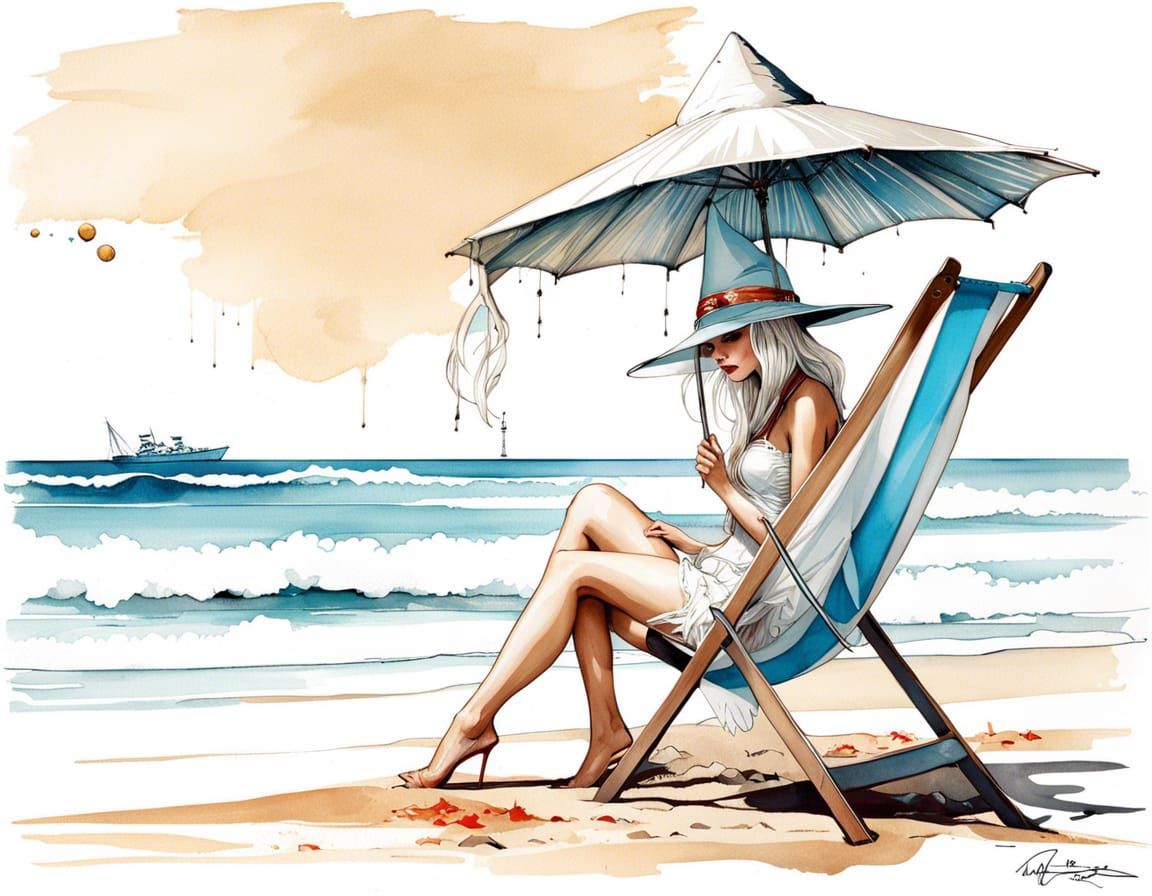 Elegant Beach Witch in European Ink Art Style