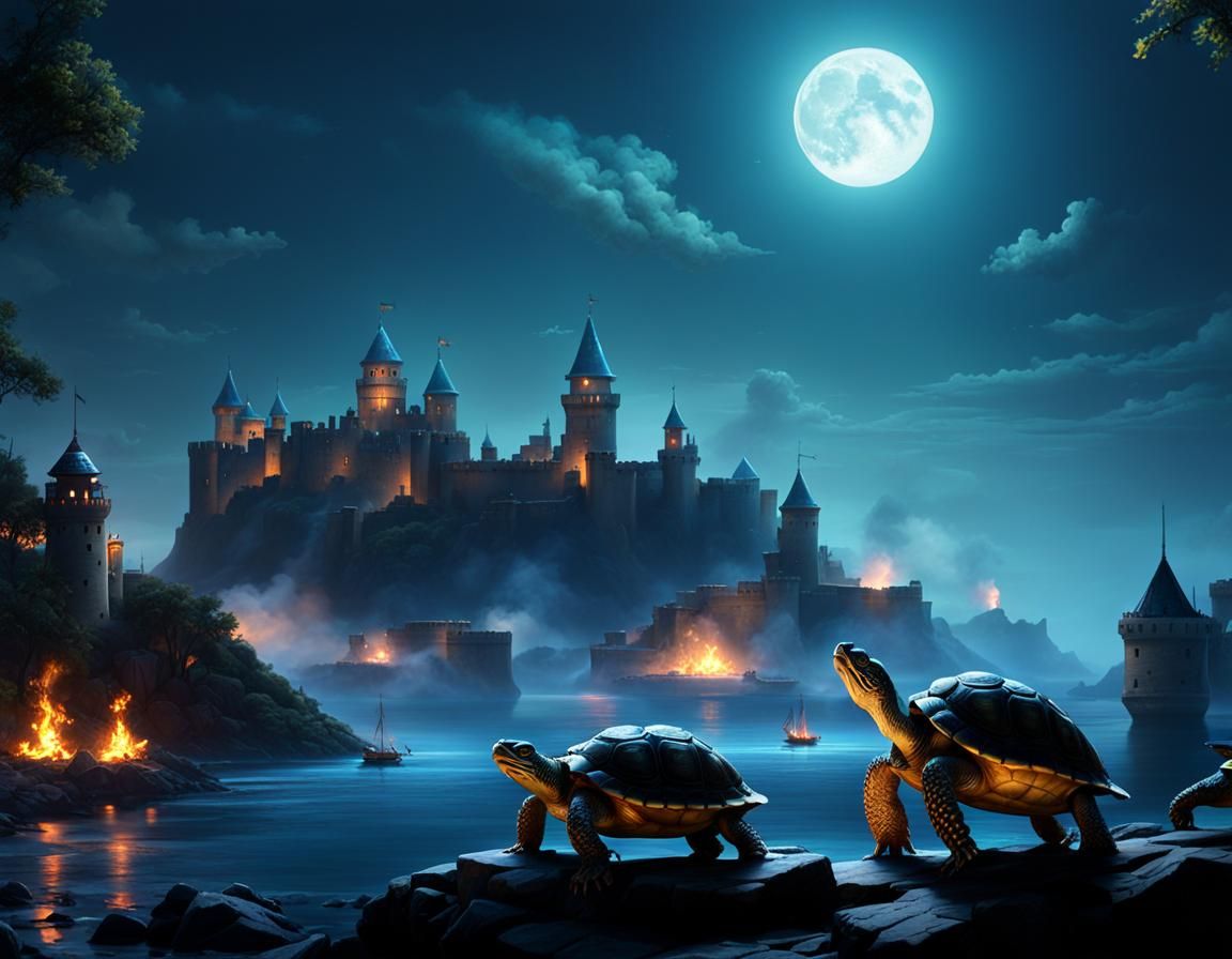 Moonlit Turtle Fortress: Dark Fantasy Art Deco