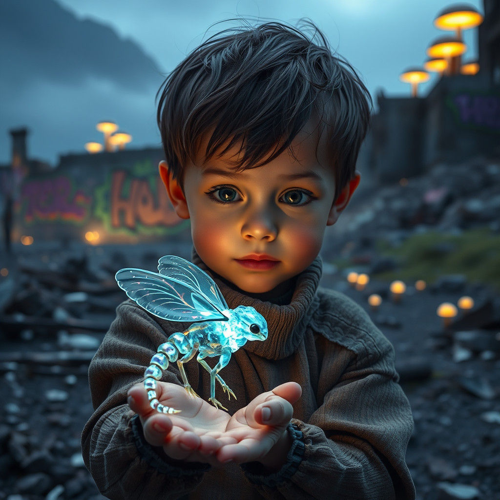 Child and Bioengineered Creature in Post-Apocalyptic Setting
