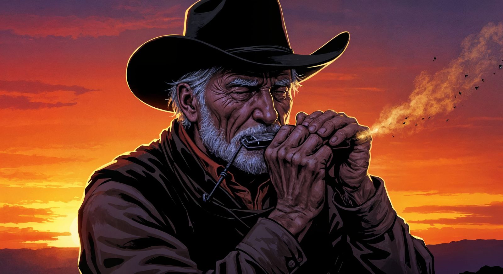 Cowboy Plays Harmonica at Vibrant Sunset in Comic Style