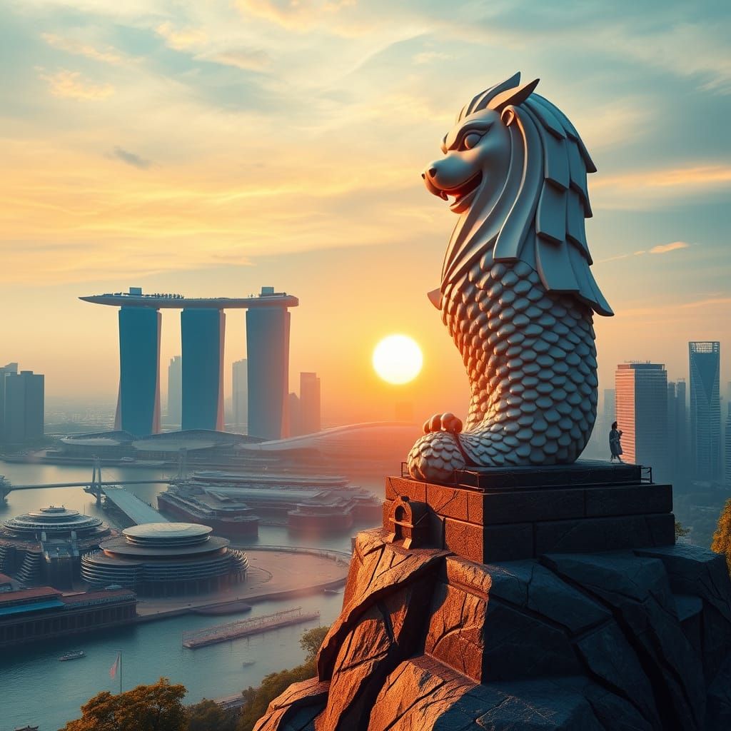 Futuristic Merlion Statue Against Singapore Cityscape