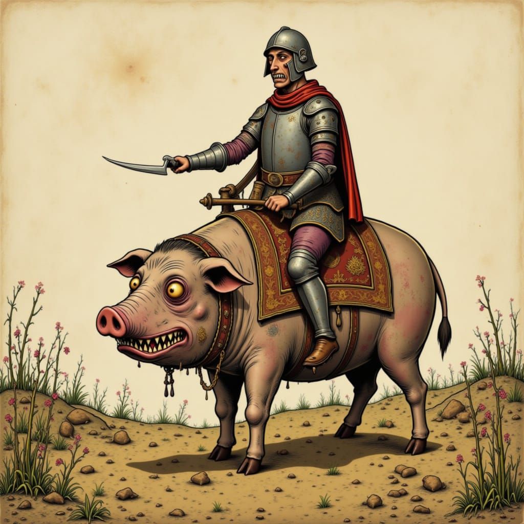 Armoured Knight Rides Fat Pig in Pastoral Style