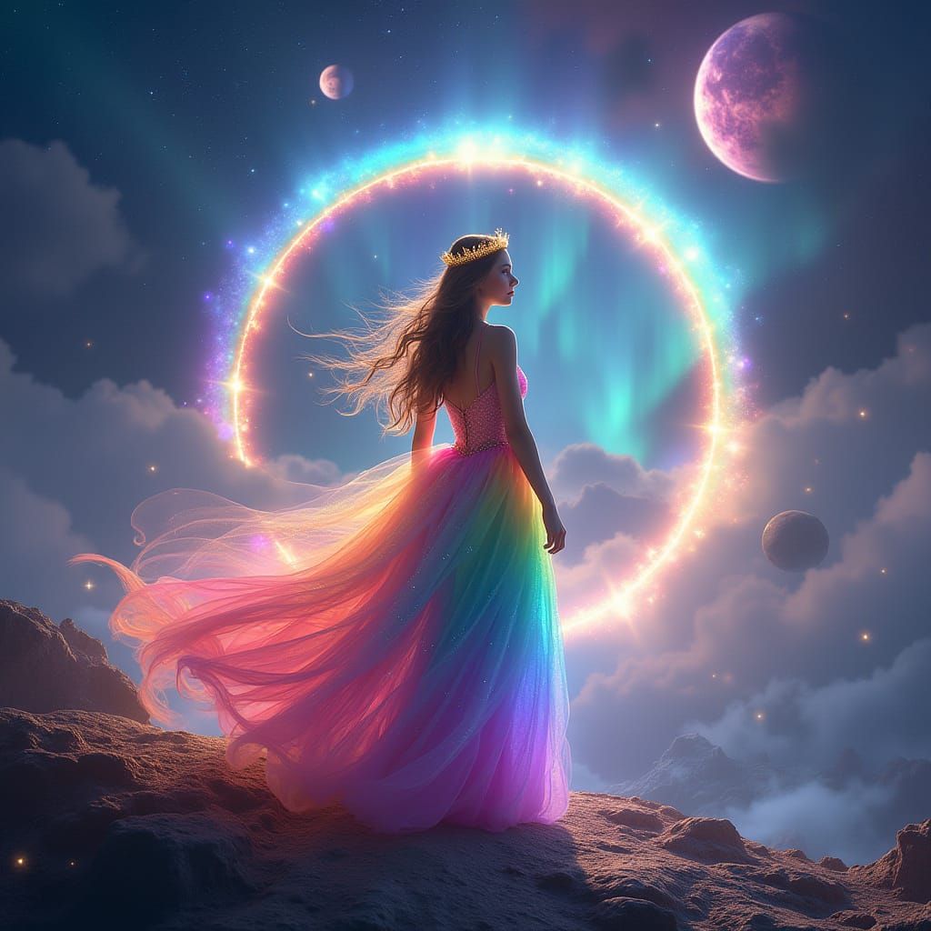 Celestial Cosmic Goddess Reigns Over Starry Alien Landscape