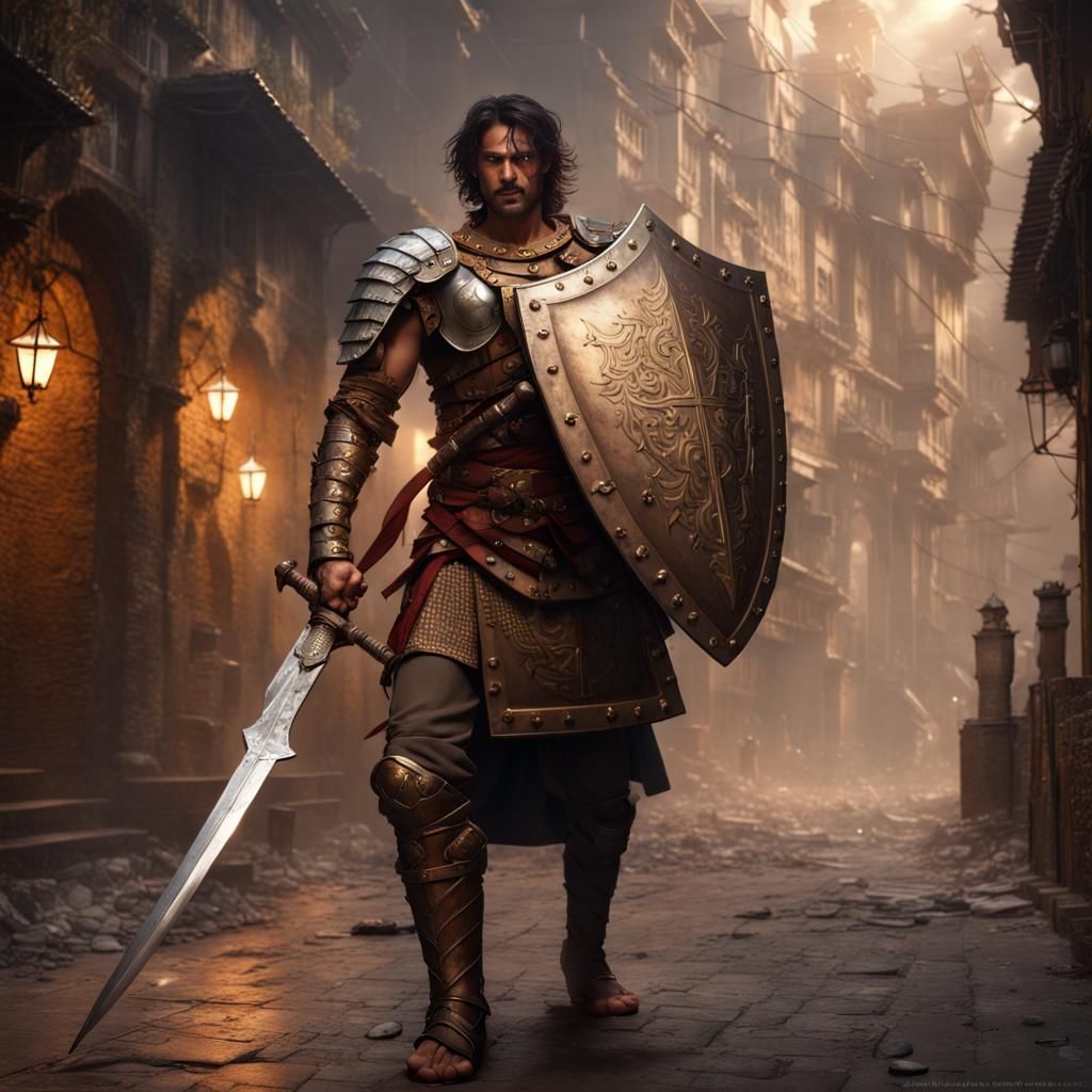 Indian Warrior Deflecting Lightning in Dark Fantasy Style