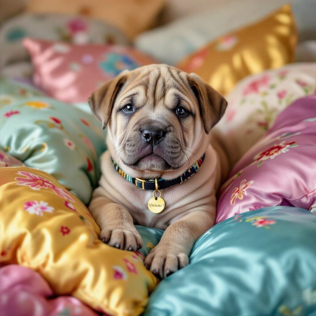 Wrinkly Sharpei Puppy on Colorful Silk Pillows
