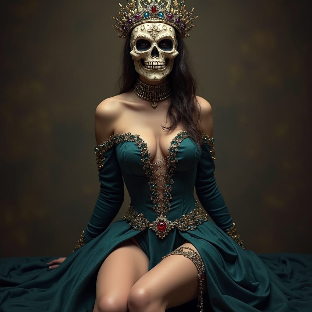Jewel Crowned Woman in Skull Mask with Blade