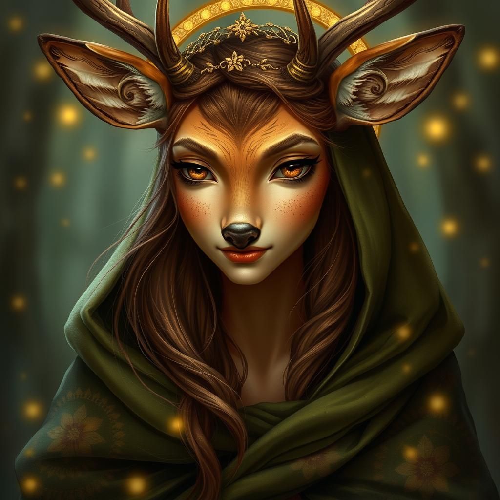 Serene Deer-Woman Hybrid in Mystical Woodland Setting
