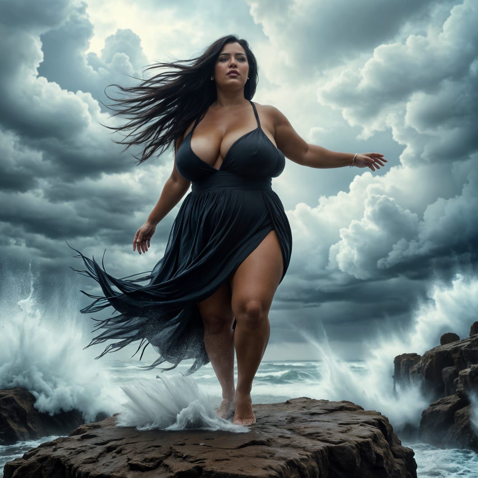 Hyperrealistic Plus Size Woman in a Stormy Black Dress