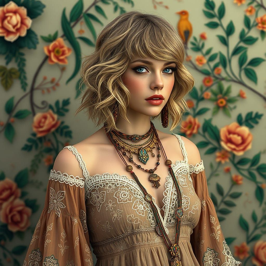 Whimsical Taylor Swift Portrait in Bohemian Style