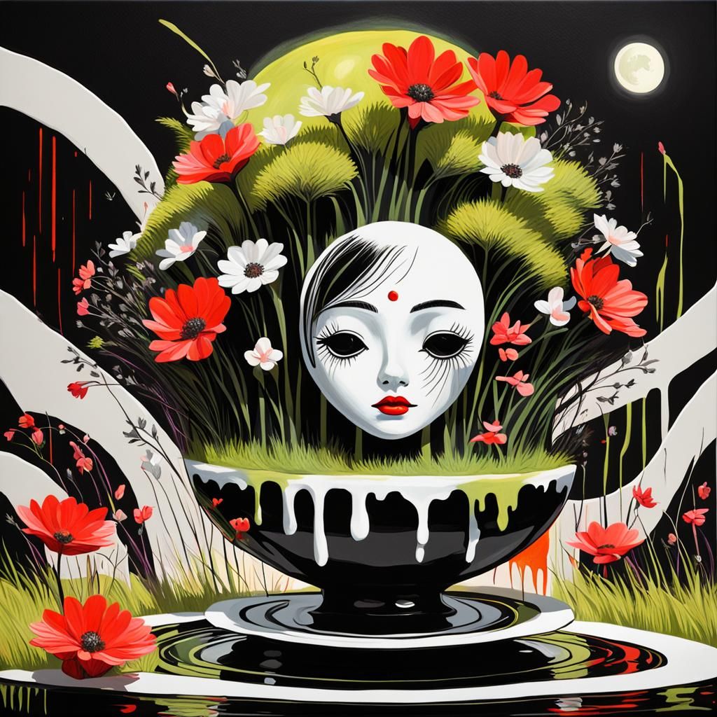 Surreal Island with China Doll Vase, Oil on Canvas