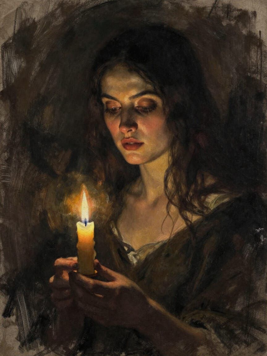Mysterious Woman in Candlelight, Mixed Media Style
