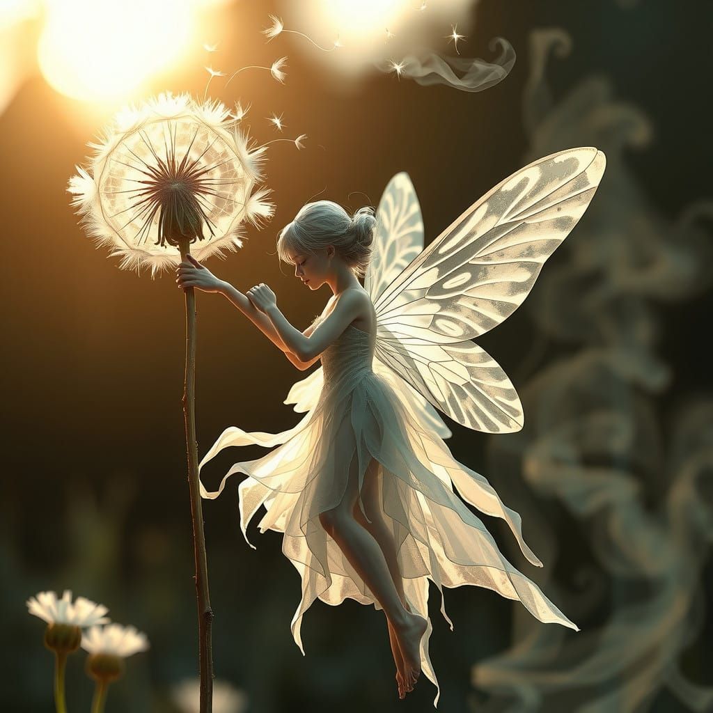 Ethereal Fairy Dances Among Dandelion Blooms in Dreamlike At...