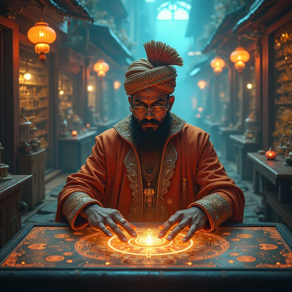 Cunning Scammer in Mystical Marketplace, Detailed Matte Pain...