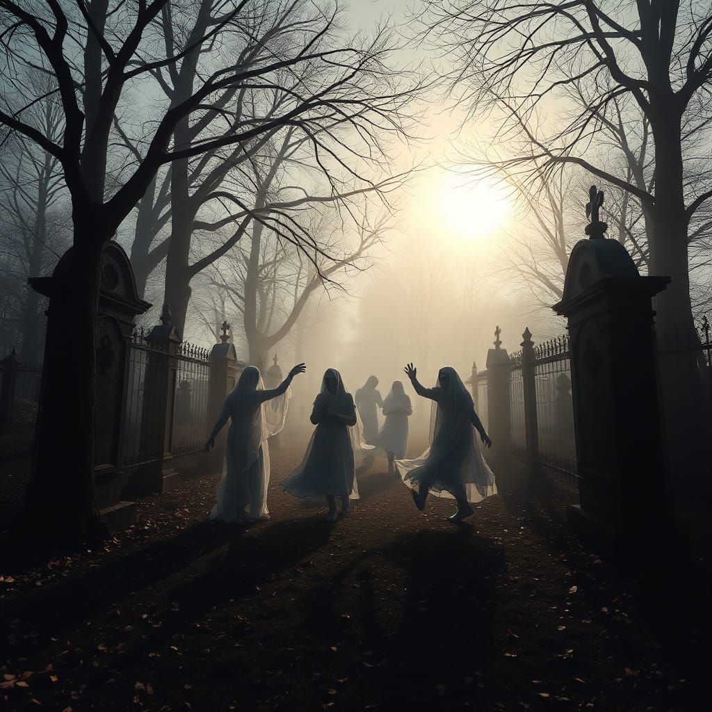 Ghosts Dance in Cemetery at Dawn