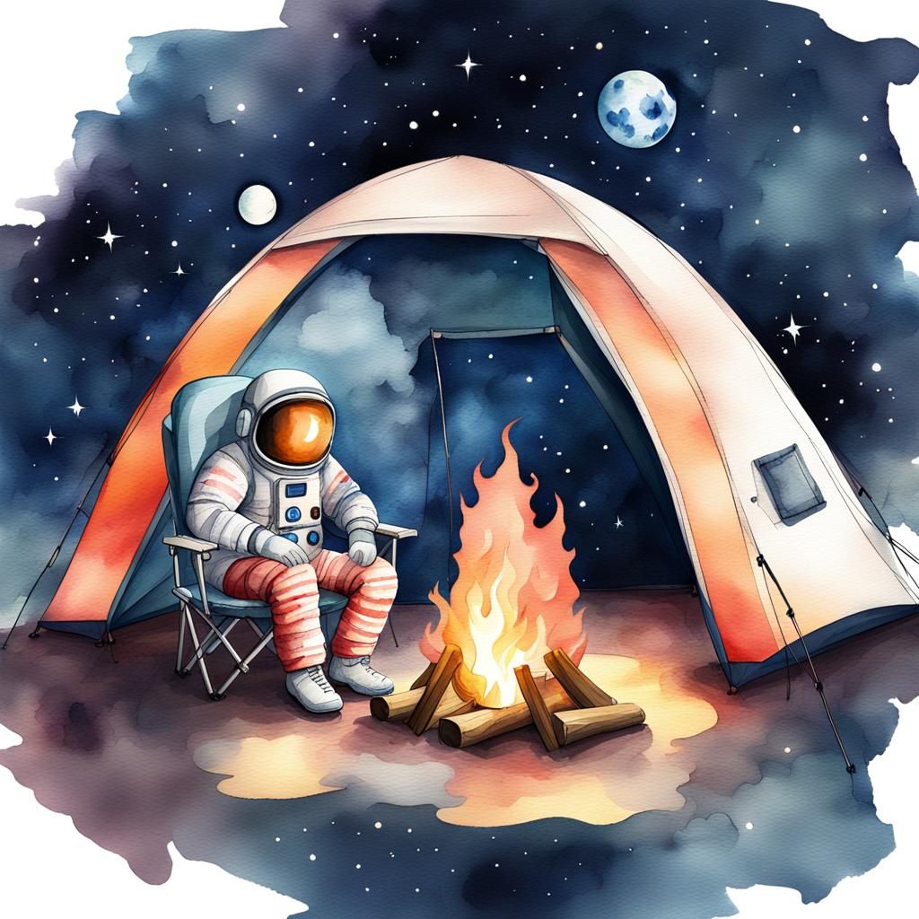 Astronaut Camping in Space: Digital Watercolor