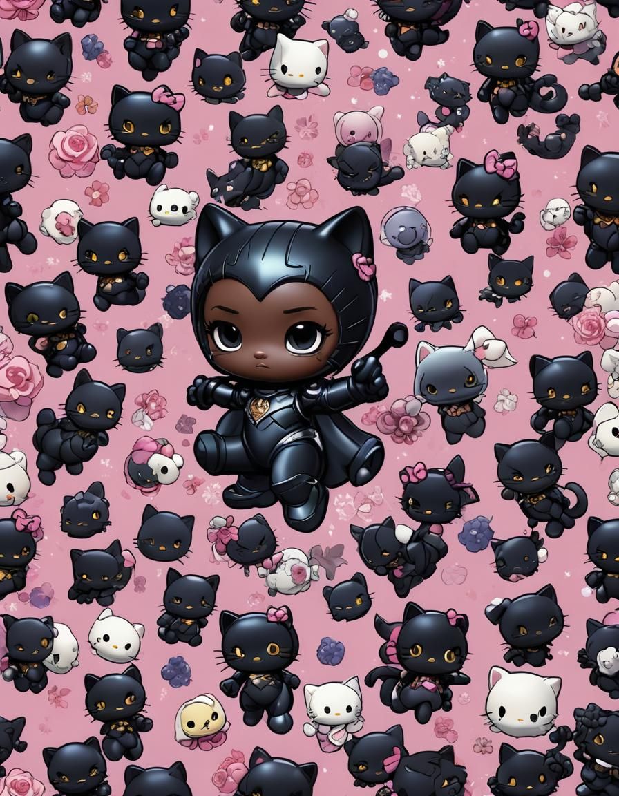 Hello Kitty as Black Panther in 3D Anime Style