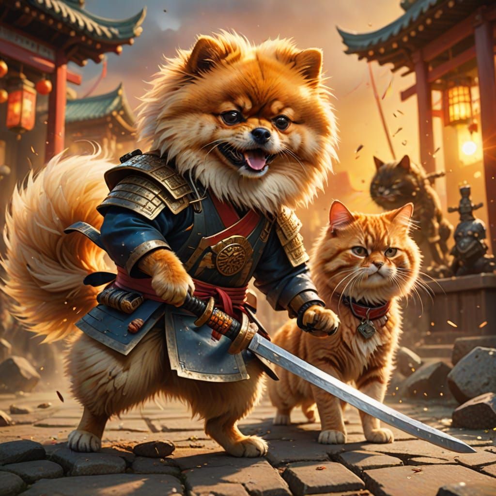 Pomeranian Samurai vs Ginger Cat Warrior