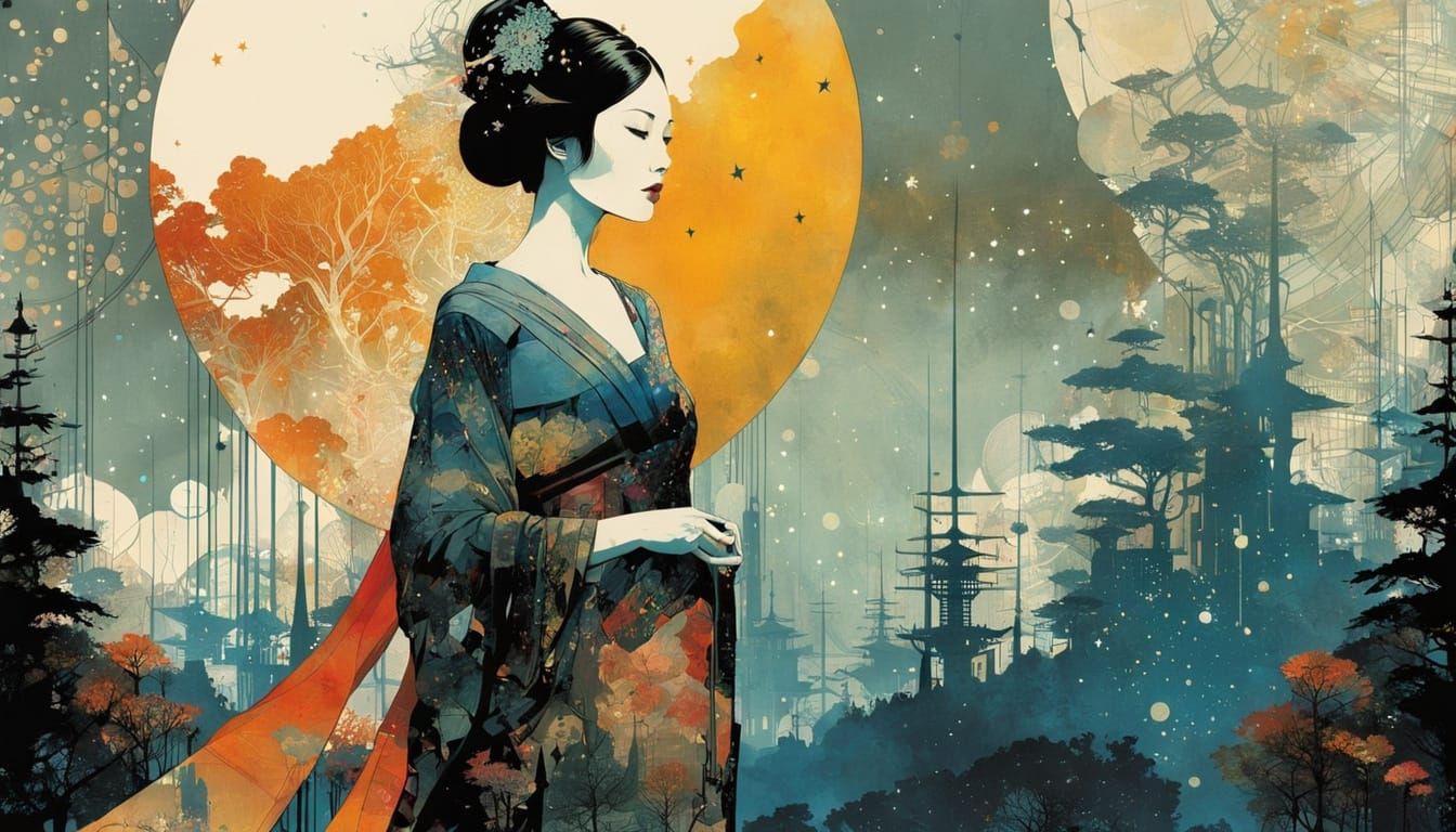 Galactic Geisha in Whirling Cityscape