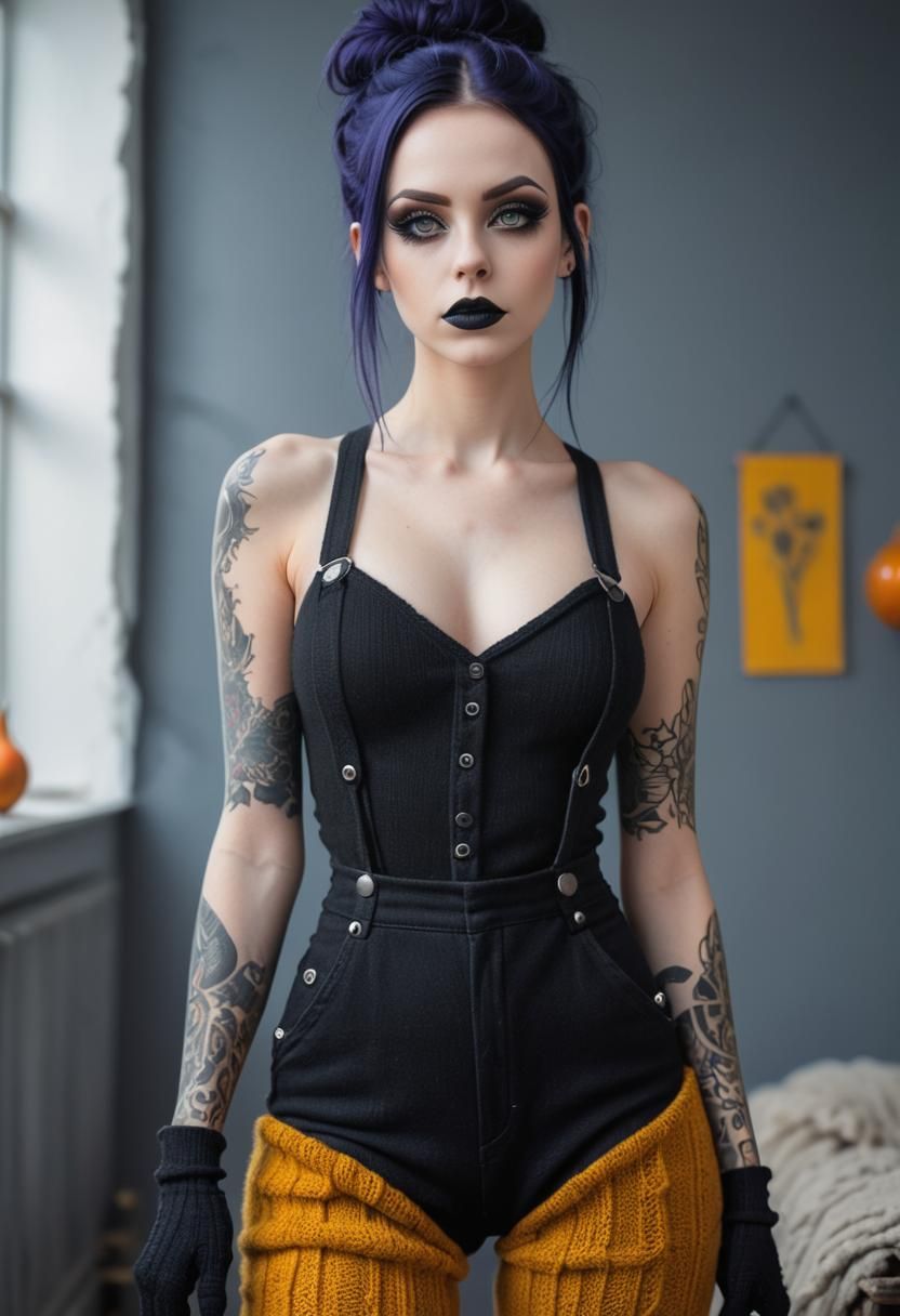 Most beautiful attractive Gothic woman wearing overall made of woollen threads , , fullbody, perfect body, perfect iri...