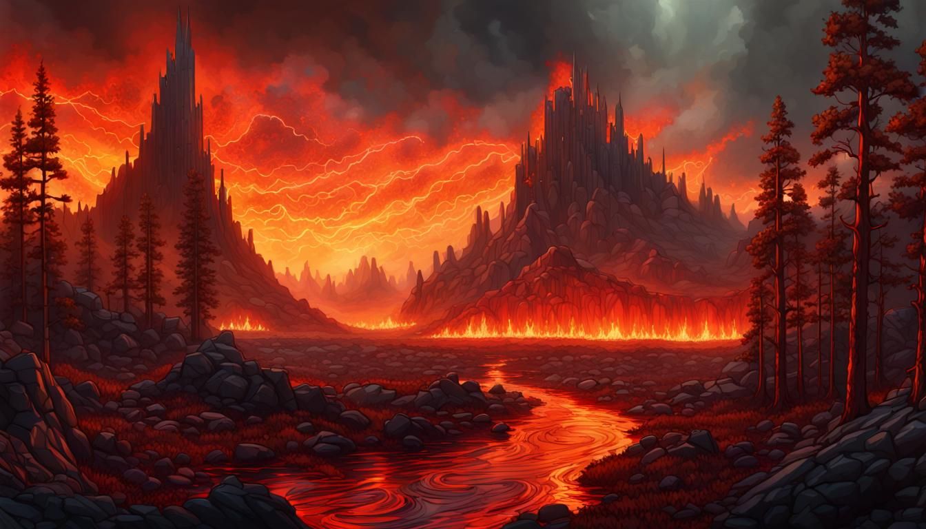 Apocalyptic Lava Mountain in Stained Glass Style