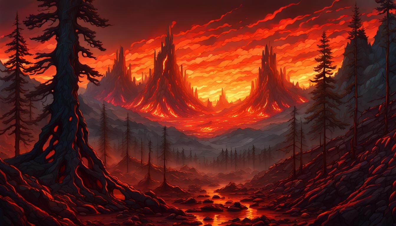 Apocalyptic Lava Mountain in Stained Glass Style