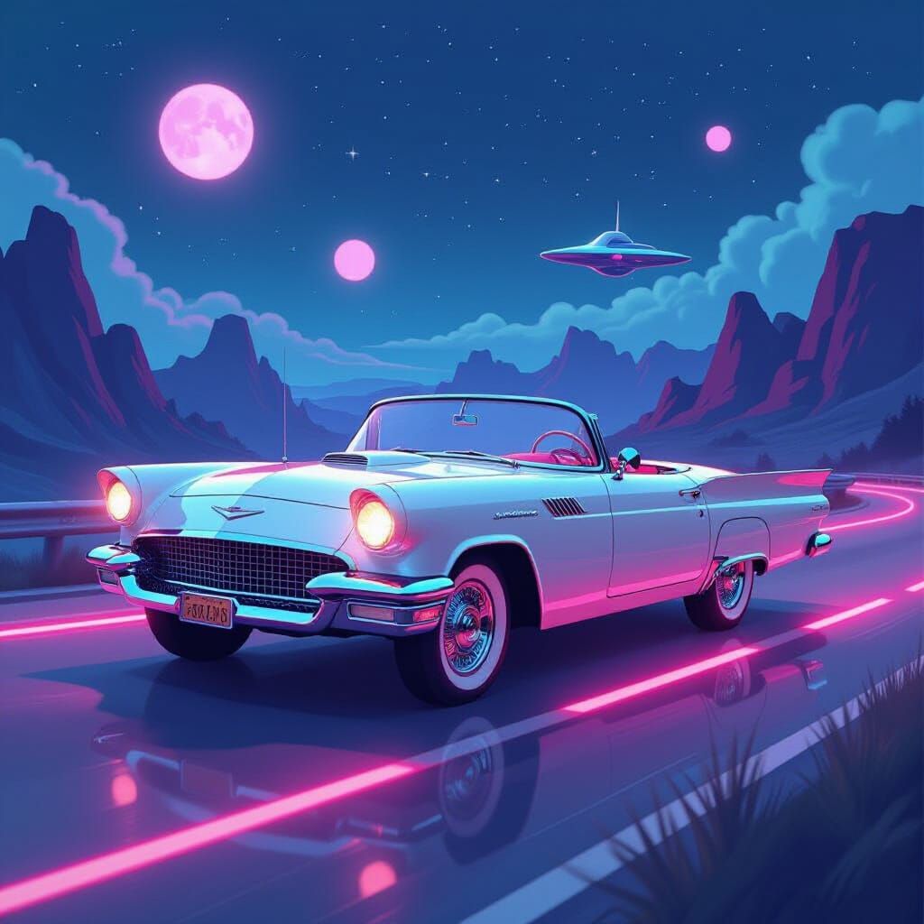 Vintage Convertible on Neon Highway, Synthwave Style