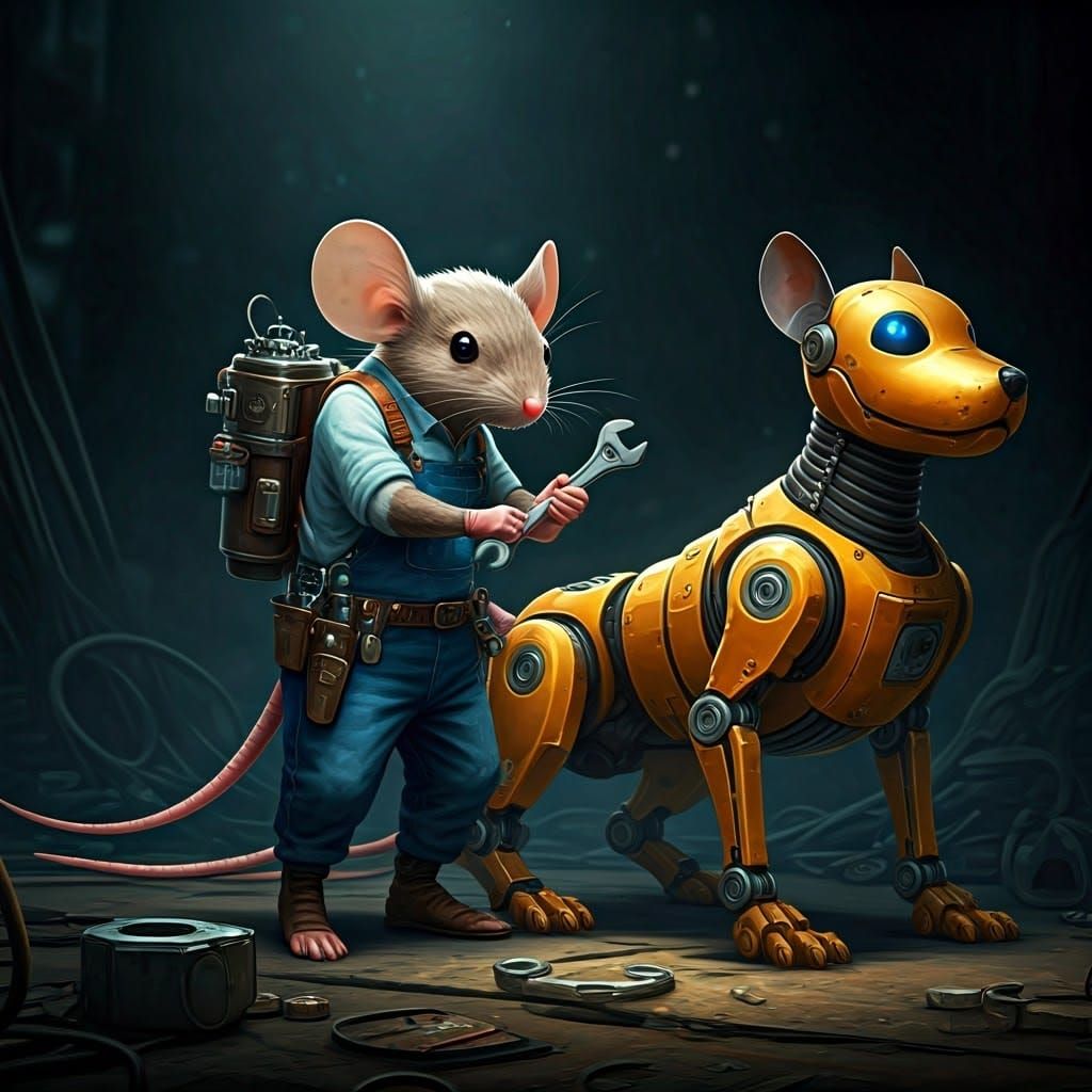 Mouse Engineer Repairs Robot Dog in Detailed Matte Painting
