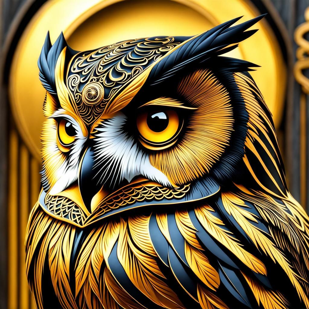 Golden and Black Feathered Owl in Hyperrealistic Detail