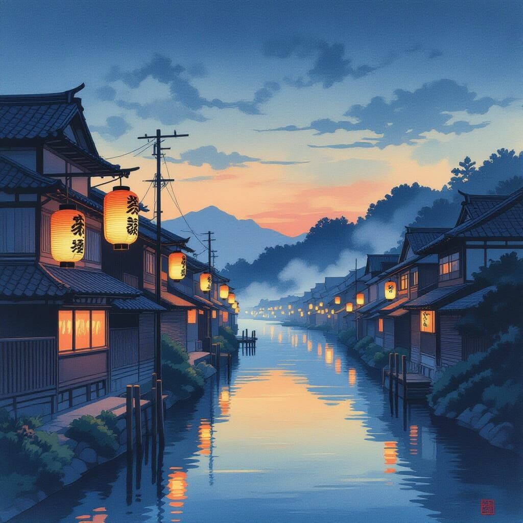 Japanese Fishing Village at Twilight in Ukiyo-e Style