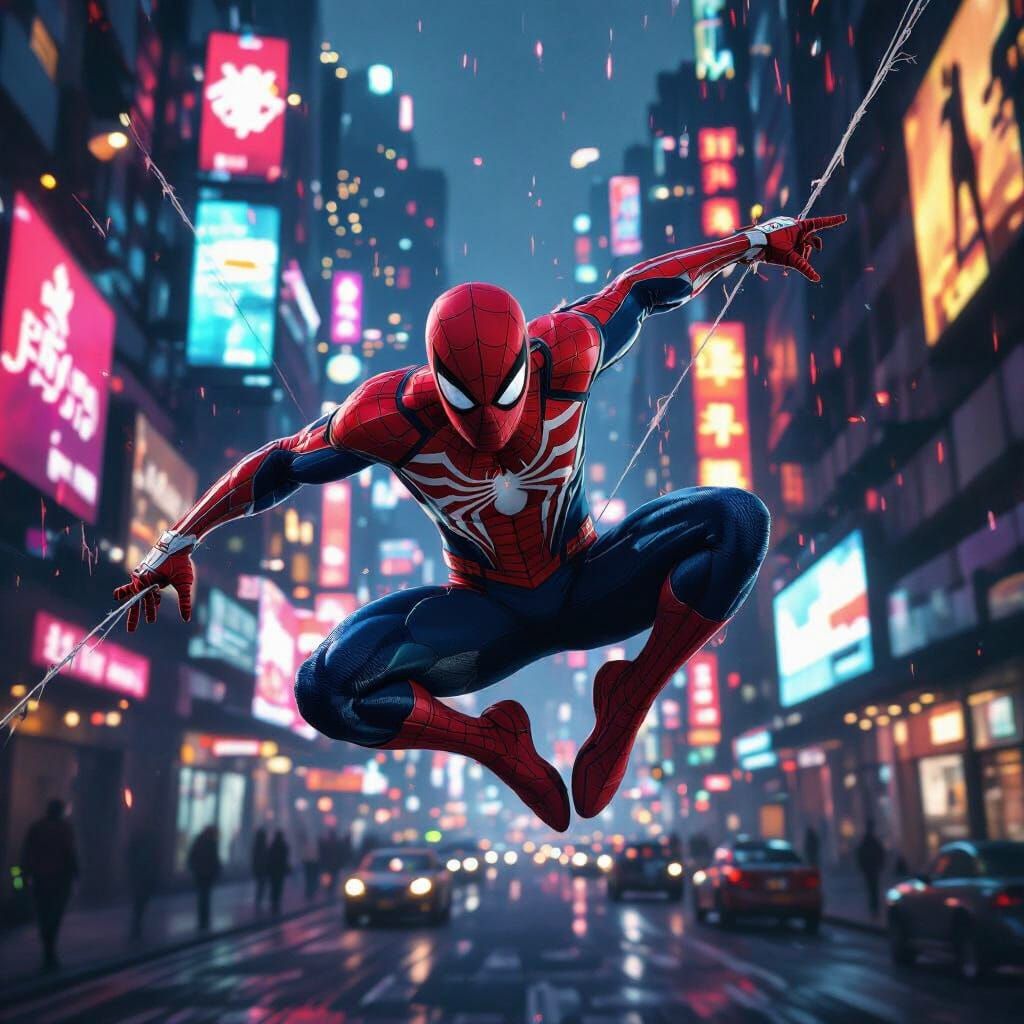 Spider-Man Swings Through Neon Cyberpunk City