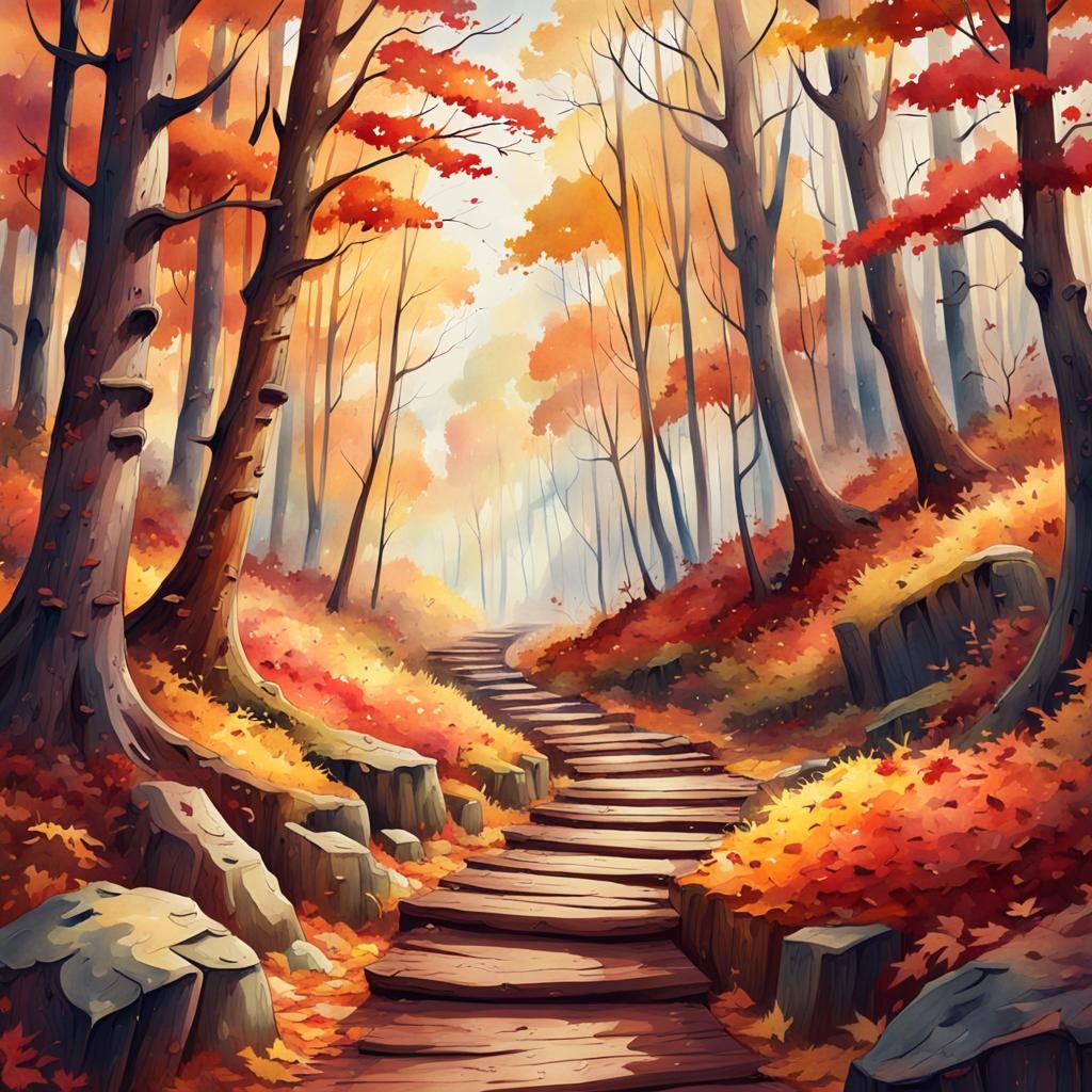 Whimsical Autumn Forest Trail in Watercolor