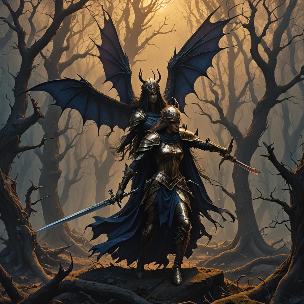 Maiden's Battle: Dark Fantasy Art in Eerie Woods