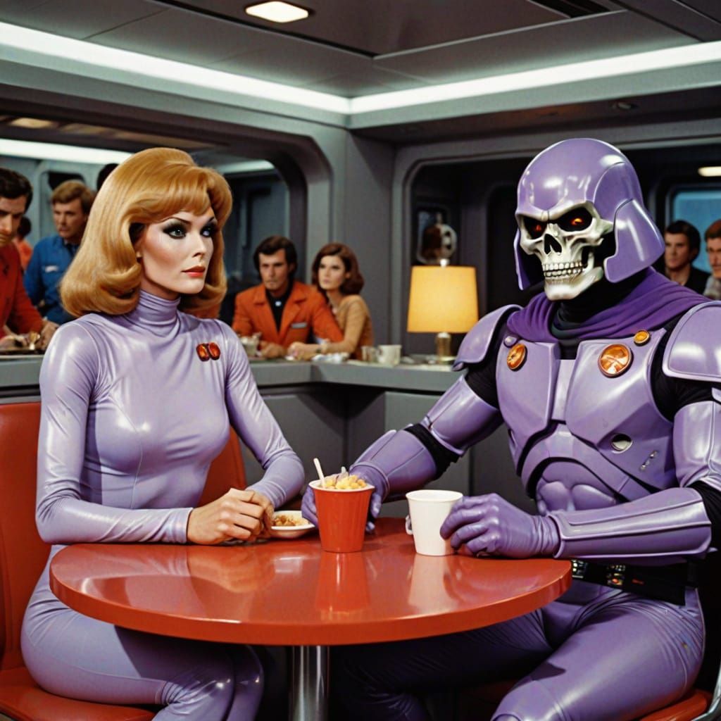 Skeletor and Captain Scarlett in Futuristic 70s Fashion