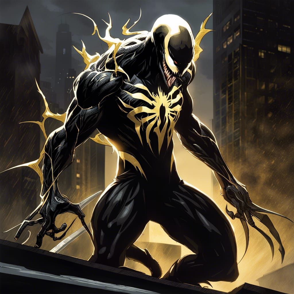 Golden Symbiote with Sword on Building, Digital Art