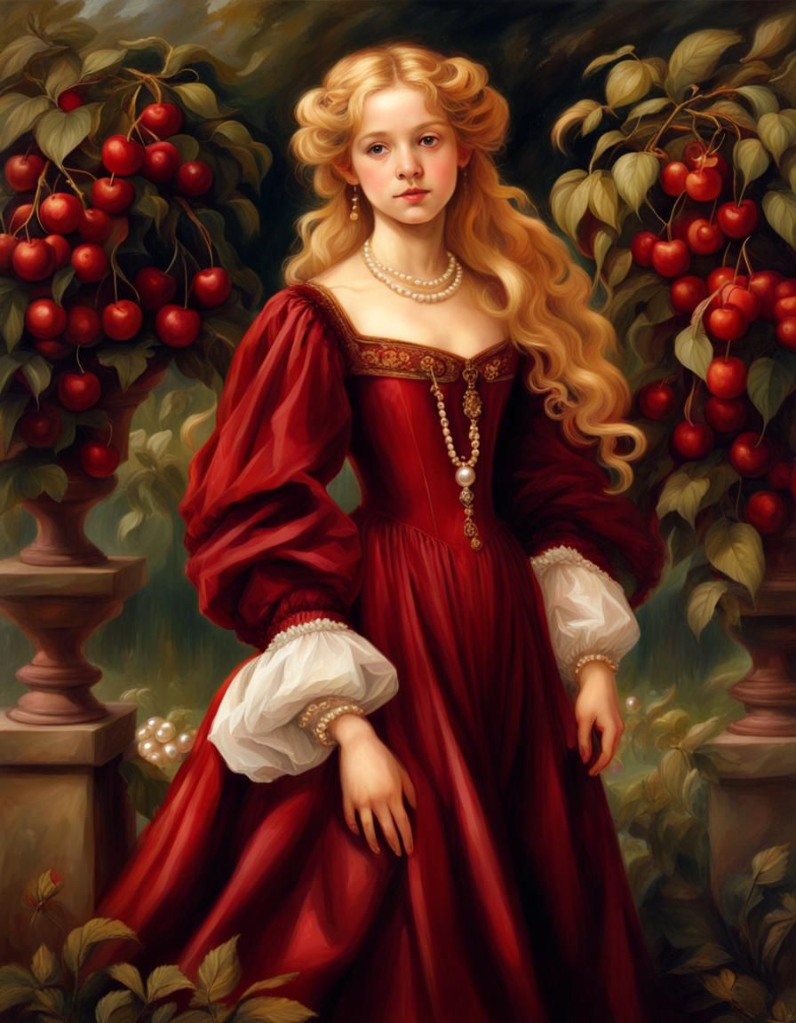 Renaissance Girl with Red Gown in Cherry Garden