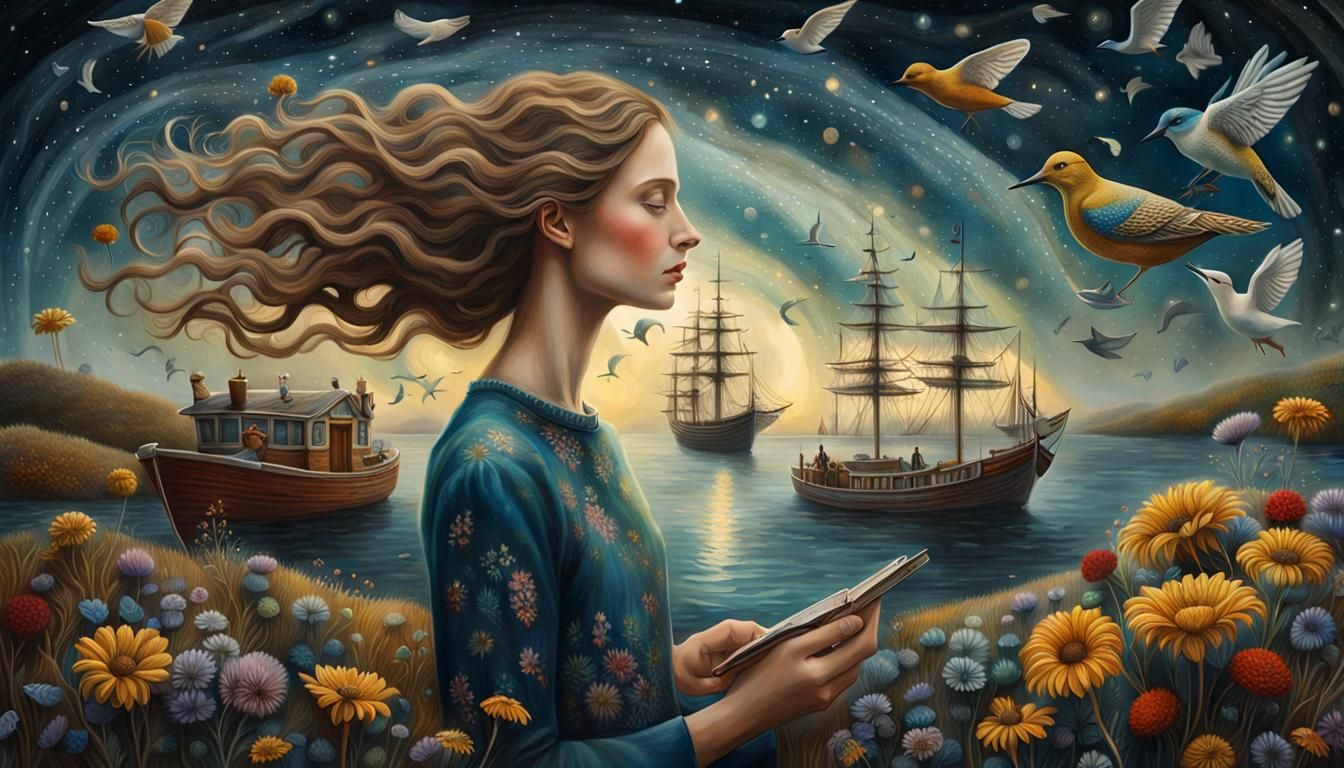 Woman Holding Galaxy in Surreal Dreamscape