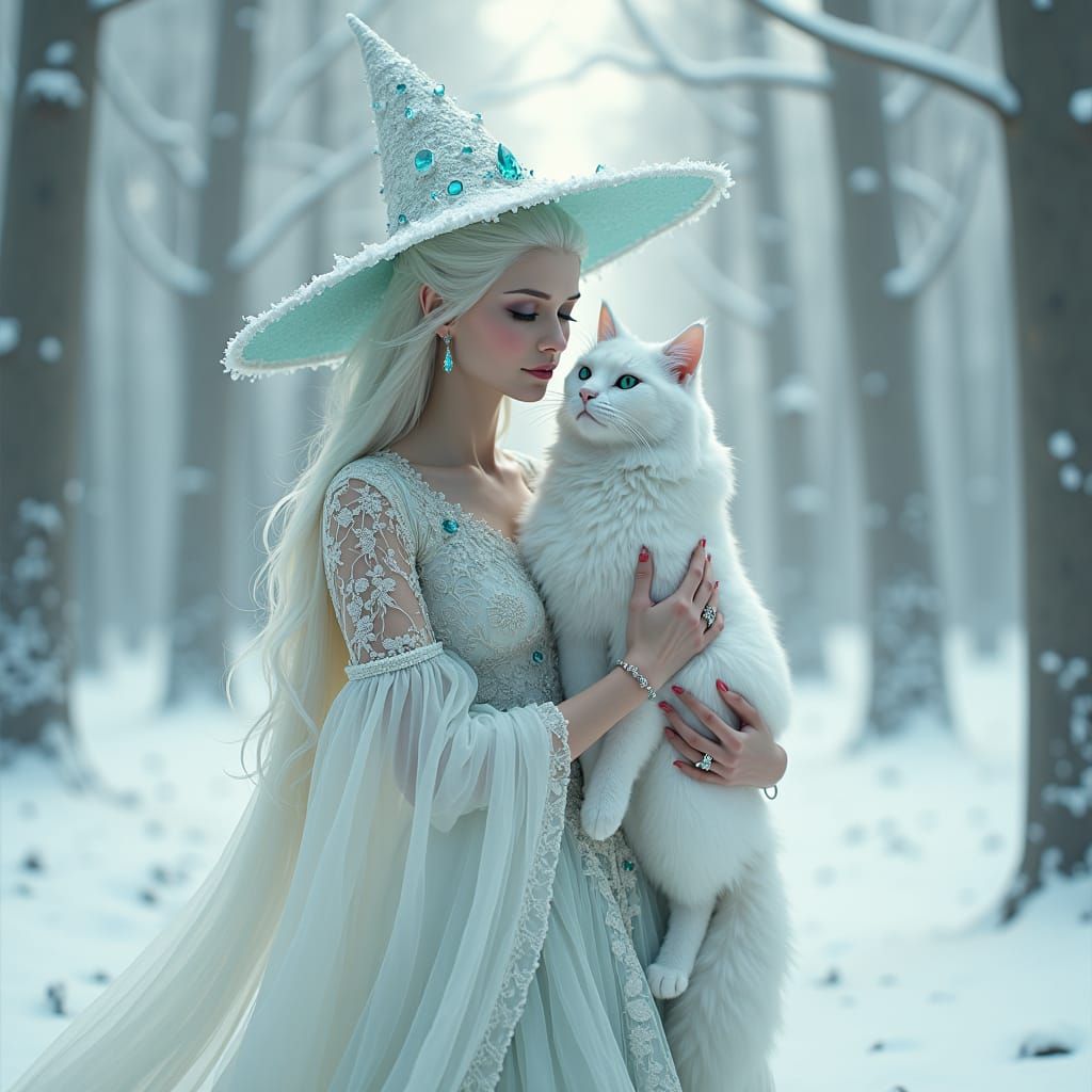 3D Illustration of a gorgeous white witch, wearing a gorgeou...