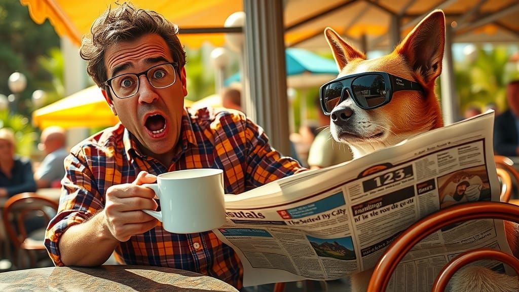 Hyper-Realistic Café Scene with Comical Patrons